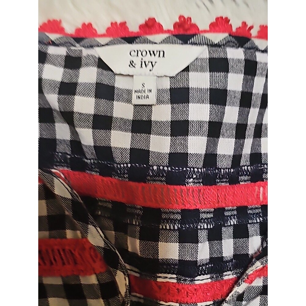 Crown & Ivy Frida's Garden Navy Red/White S Gingham Peasant Top Checks  Tassels - Picture 8 of 16